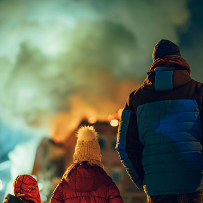 A man walking with two children in the cold.