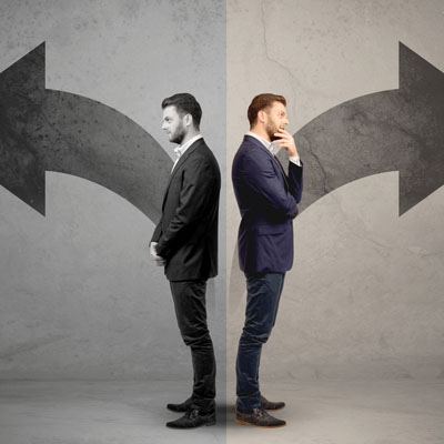 An image of a man facing two opposite decisions.