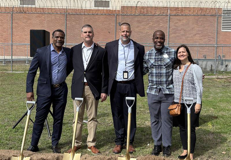 An image of Todd Johnson, Brad Slater, Kyle Dobbs, Gabriel Grady, and Ally Matteson at the groundbreaking of the vocational facility in Ft. Bend county.