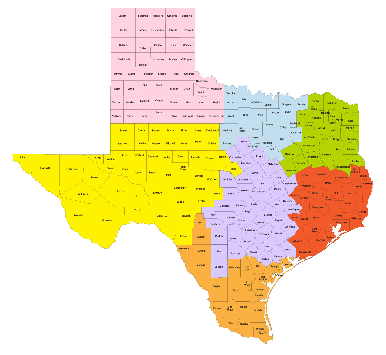 Map of the State of Texas with regions